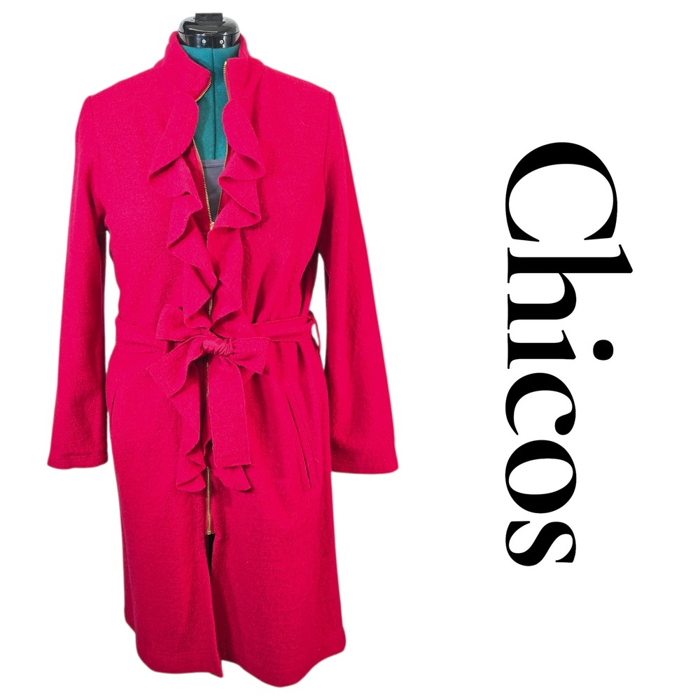 Chicos Red 100% Boiled Wool Ruffle Front Zip Up Belted Coat Size 1 (Med) Unlined